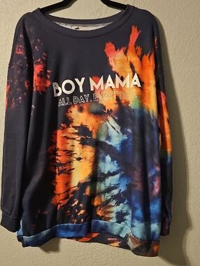 BOY MAMA Tie-Dye Crewneck Sweatshirt - Navy with Orange & Blue Accents